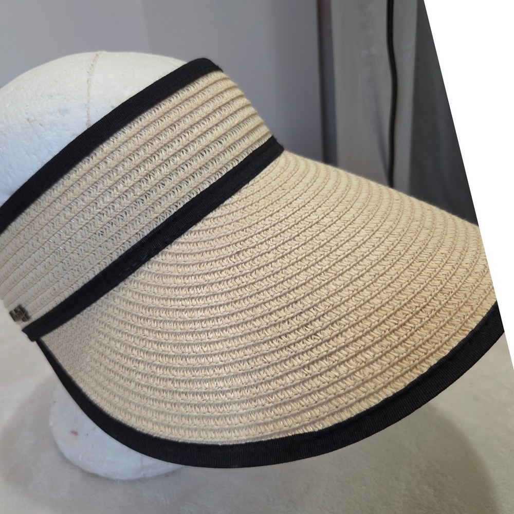 Lucky Straw Sun Visor Women‎ 7 Beige Excellent Wide Brim Black Trim Adjustable